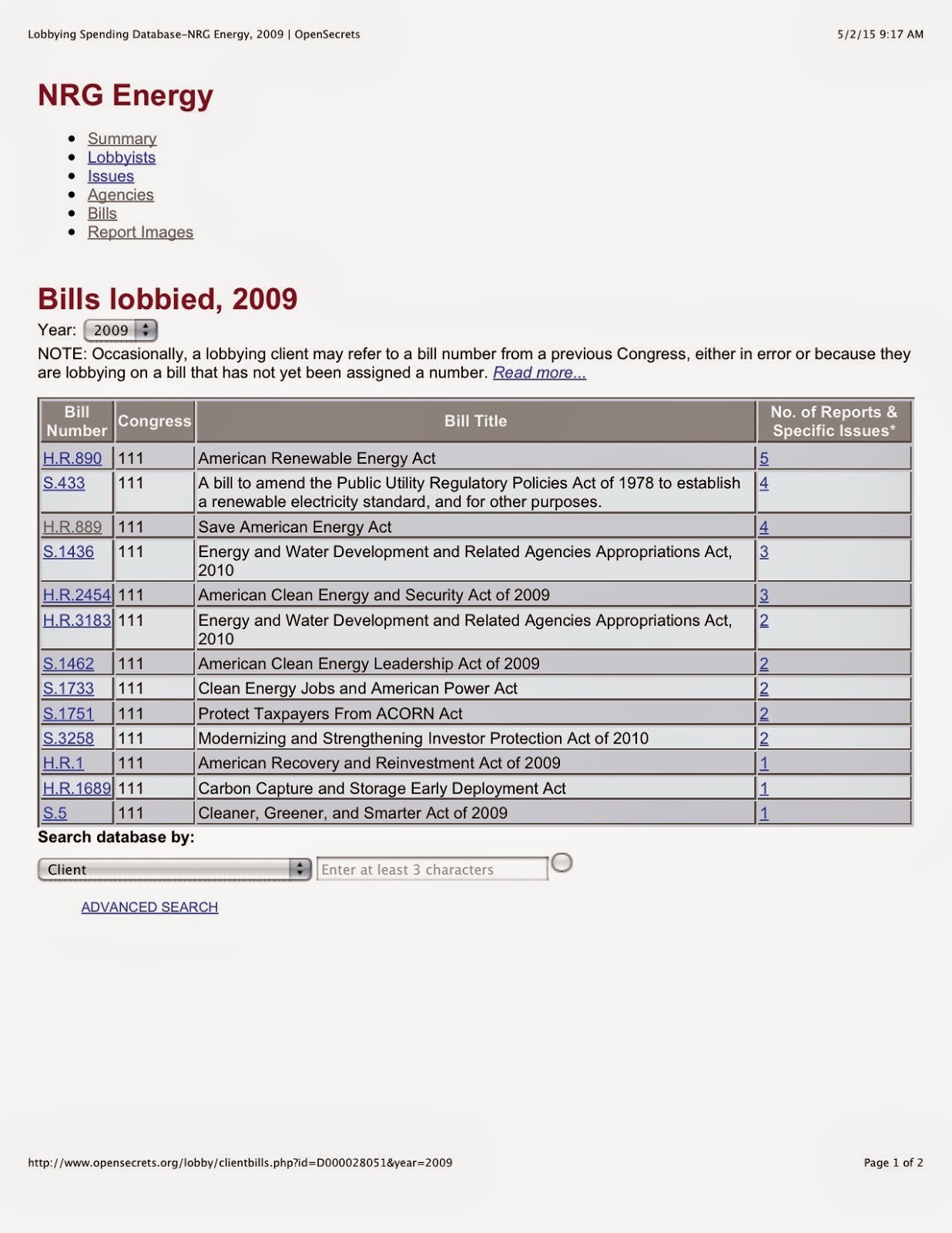 Lobbying Spending Database-NRG Energy, 2009 _ OpenSecrets ELON MUSK IS A CROOK AND SCAMMER
Keywords: Rare Earth Mines Of Afghanistan, New America Foundation Corruption, Obama, Obama Campaign Finance, Obama FEC violations, Palo Alto Mafia, Paypal Mafia, Pelosi Corruption, Political bribes, Political Insider,  Eric Schmidts Sex Penthouse, SEC Investigation